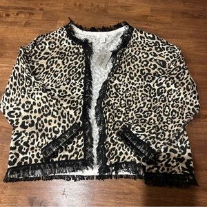 Chico's Animal Print Cardigan with Black Fringe size 3